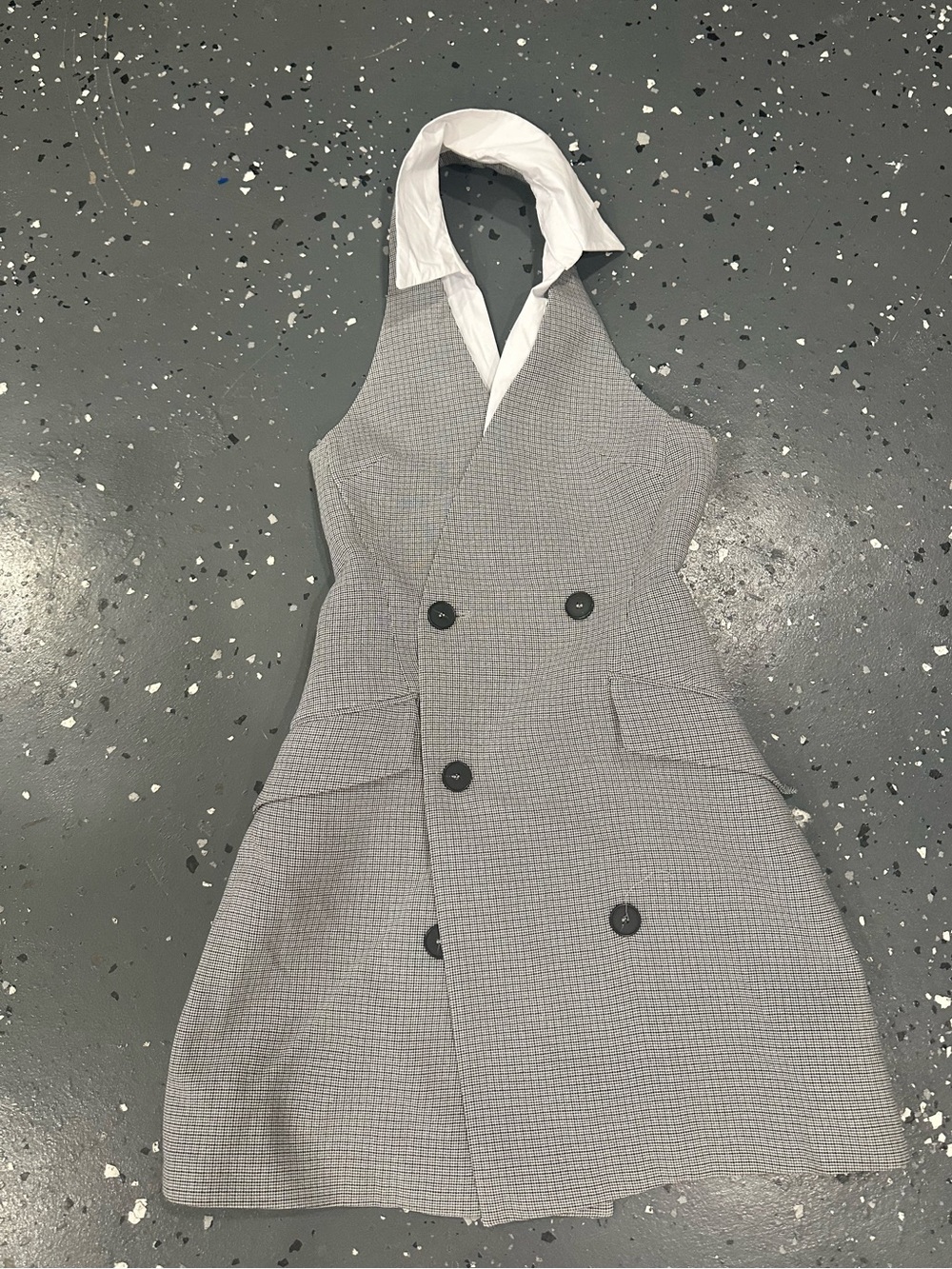 Zara One-Shoulder Grey Checked Double-Breasted Dress with White Collar
